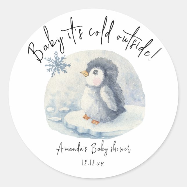 Sticker Rond Pingouin arctique mignon - bébé il fait froid deho (Devant)