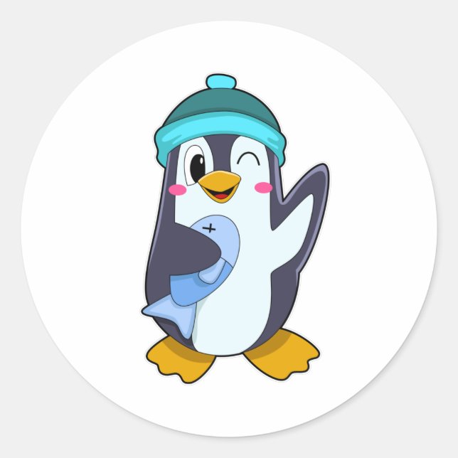 Sticker Rond Pingouin avec poisson et Casquette (Devant)