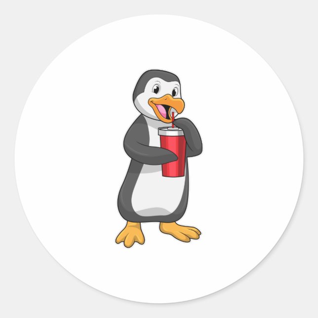 Sticker Rond Pingouin avec tasse à boire avec paille (Devant)
