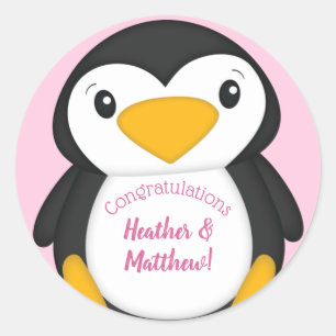 Sticker Rond Pingouin Baby shower fille rose