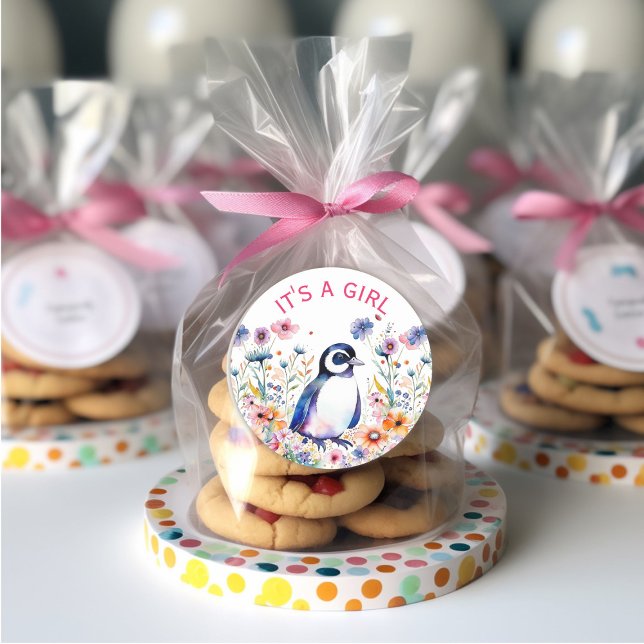 Sticker Rond Pingouin bébé en fleurs C'est une fille | BABY SHO (Créateur téléchargé)