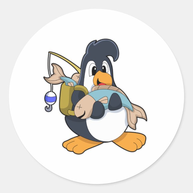 Sticker Rond Pingouin comme pêcheur avec poisson (Devant)