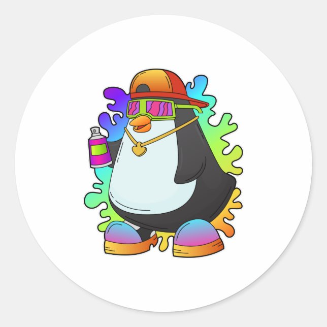Sticker Rond Pingouin comme peintre avec Spray (Devant)