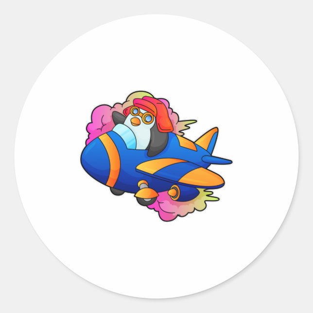 Sticker Rond Pingouin comme pilote avec avion (Devant)