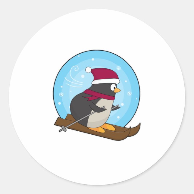 Sticker Rond Pingouin comme skieur avec ski (Devant)