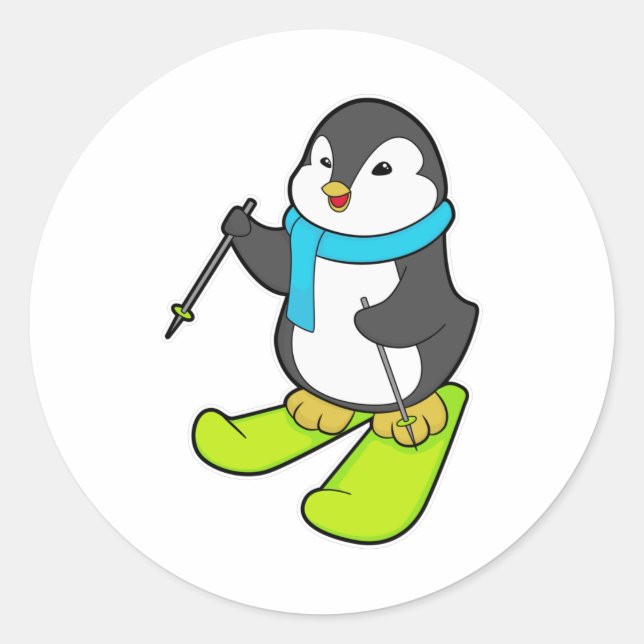 Sticker Rond Pingouin comme skieur avec ski (Devant)