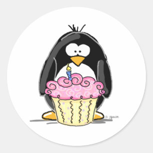 Sticker Rond Pingouin d'anniversaire avec Cupcake
