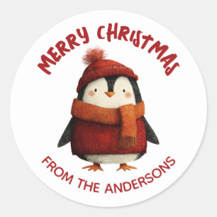 Sticker Rond Pingouin d'aquarelle mignonne Joyeux Noël de
