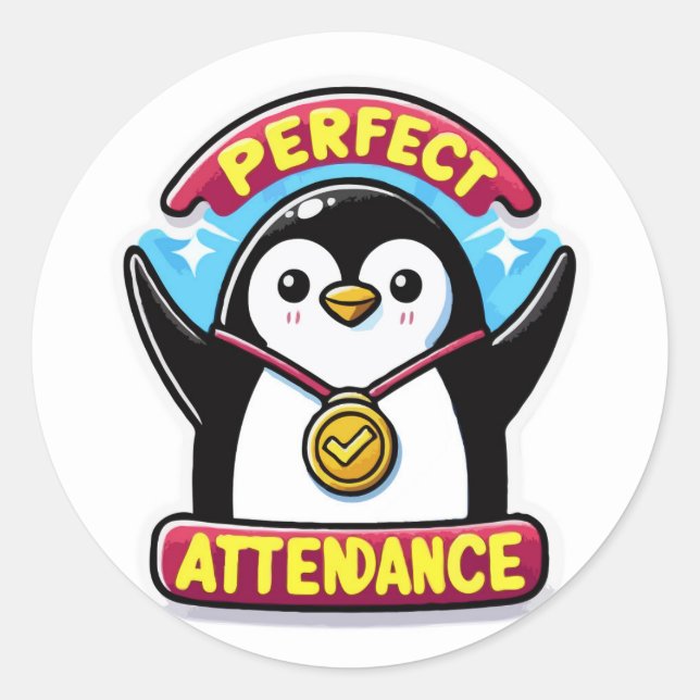 Sticker Rond Pingouin d'assiduité parfait - Retour à l'école Ch (Devant)