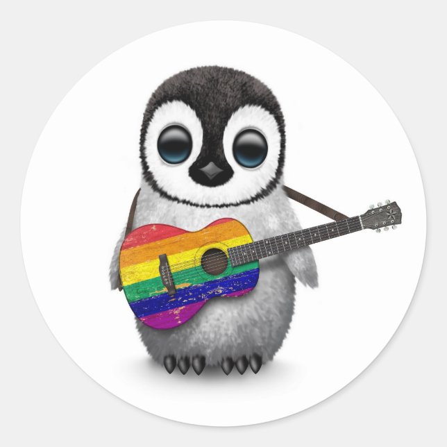 Sticker Rond Pingouin de bébé jouant la guitare de drapeau (Devant)