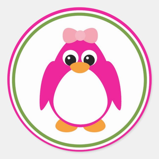 Sticker Rond Pingouin de fille en rose et vert (Devant)