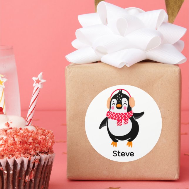 Sticker Rond Pingouin de Noël Jolly en écharpe avec des bouffée (Fête)