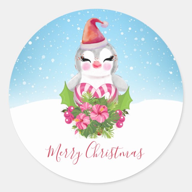 Sticker Rond Pingouin de Noël mignon à Santa Hat (Devant)