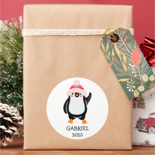 Sticker Rond Pingouin de Noël mignon personnalisé en Casquette