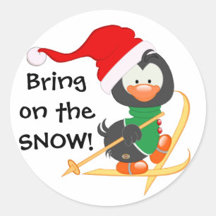 Sticker Rond Pingouin de Noël Ski neige