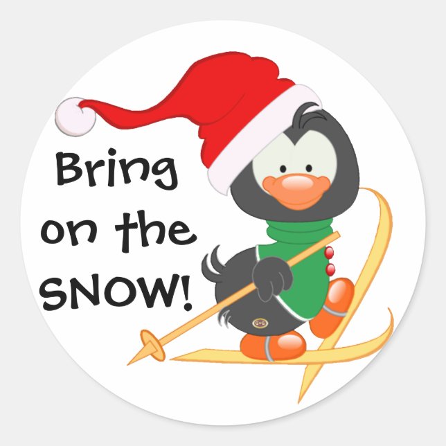 Sticker Rond Pingouin de Noël Ski neige (Devant)