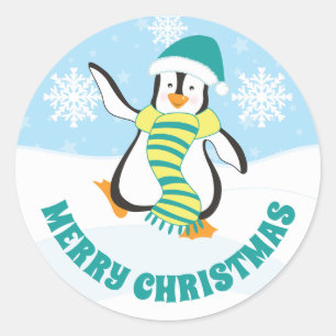 Sticker Rond Pingouin de Noël Turquoise et Jaune Casquette