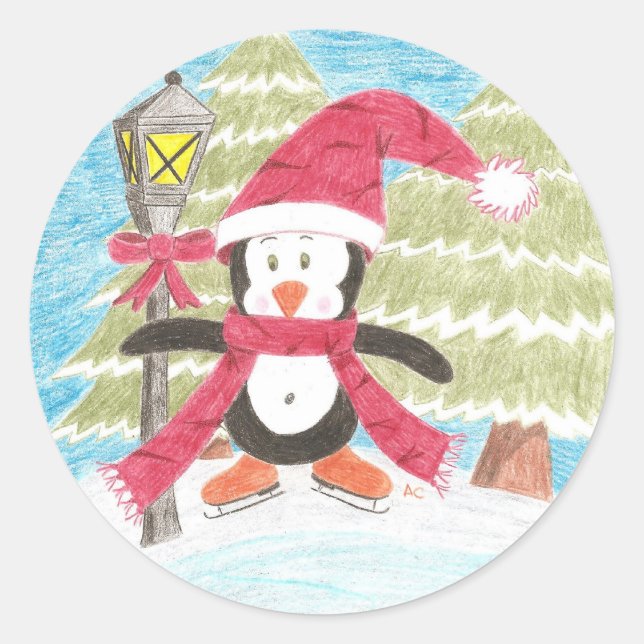 Sticker Rond Pingouin de patinage sur glace (Devant)