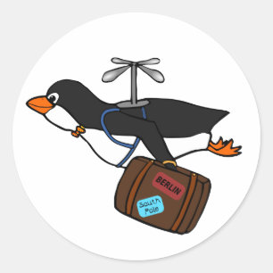 Sticker Rond Pingouin d'hélicoptère volant avec valise
