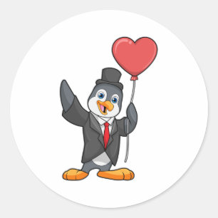 Sticker Rond Pingouin en salle avec ballon de coeur