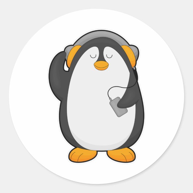 Sticker Rond Pingouin et téléphone mobile avec casque (Devant)
