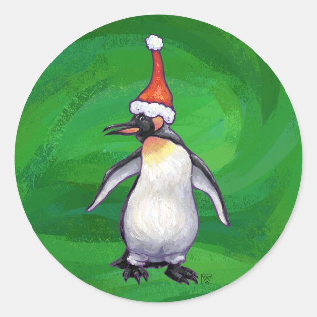 Sticker Rond Pingouin mignon à Santa Hat sur Vert (Devant)