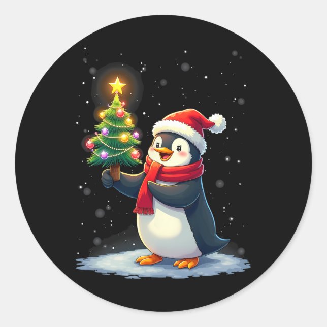 Sticker Rond Pingouin mignon arbre de Noël Pyjama Filles Garçon (Devant)