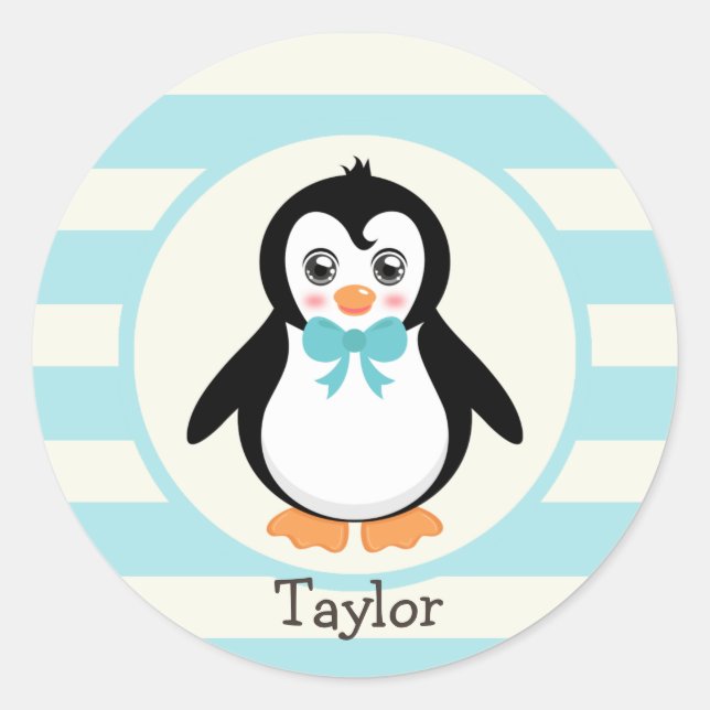 Sticker Rond Pingouin mignon avec Bowtie Turquoise (Devant)