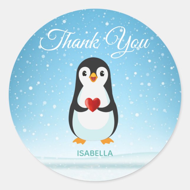 Sticker Rond Pingouin mignon avec coeur sur bleu clair (Devant)