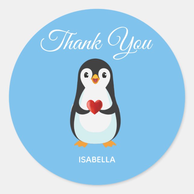 Sticker Rond Pingouin mignon avec coeur sur Merci Turquoise (Devant)