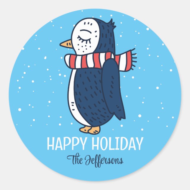 Sticker Rond Pingouin mignon Neige hiver Vacances de Noël Anima (Devant)