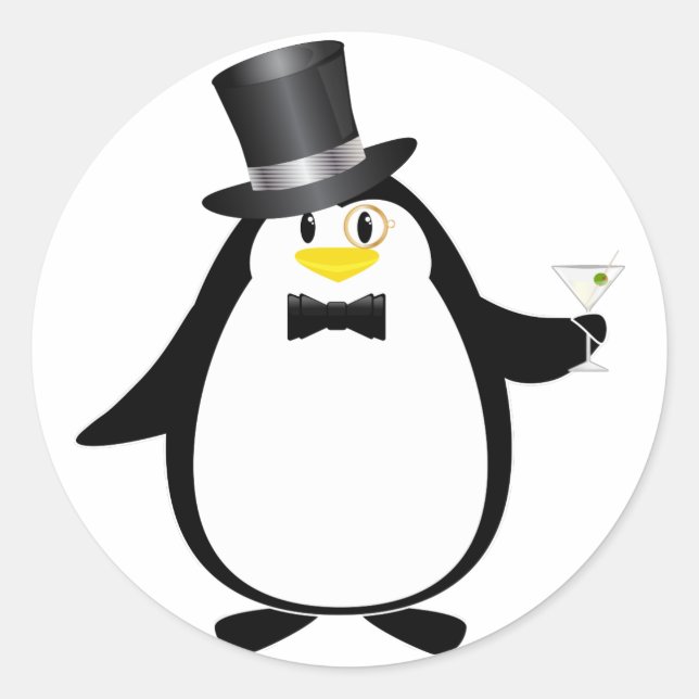 Sticker Rond Pingouin sophistiqué avec Martini (Devant)