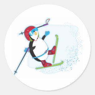 Sticker Rond Pingouin tombant sur le ski