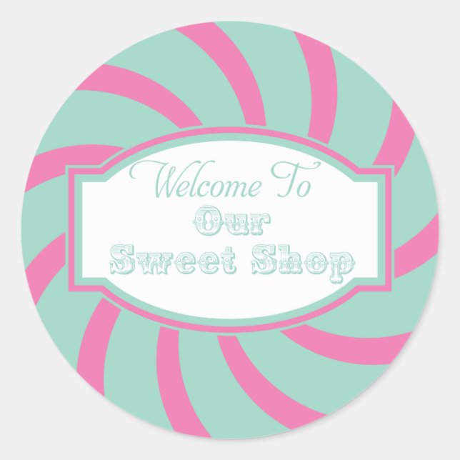 Sticker Rond Pink Aqua Bienvenue dans notre magasin de bonbons  (Devant)