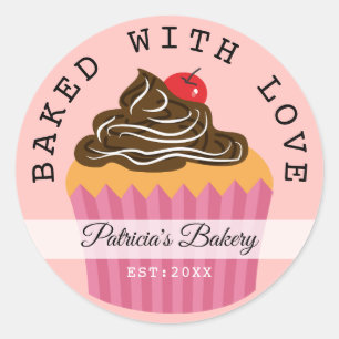 Sticker Rond Pink Baked With Love Bakery Nom Personnalisé