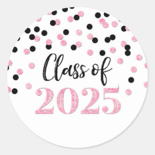 Sticker Rond Pink Black Confetti Graduation 2025