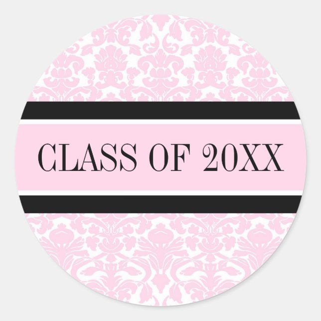 Sticker Rond Pink Black Damask Graduation Année personnalisée (Devant)
