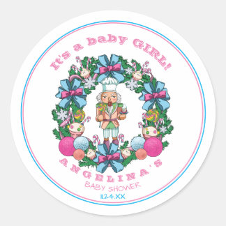 Sticker Rond Pink Blue Christmas Nutcracker Wreath Baby shower