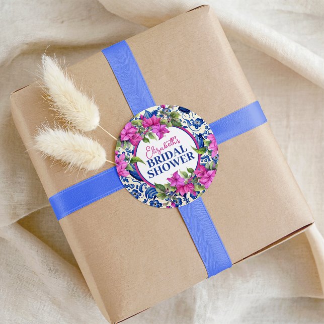 Sticker Rond Pink Bougainvillea Blue Tile Bridal Shower (Pink Bougainvillea Blue Tile Bridal Shower Classic Round Sticker)