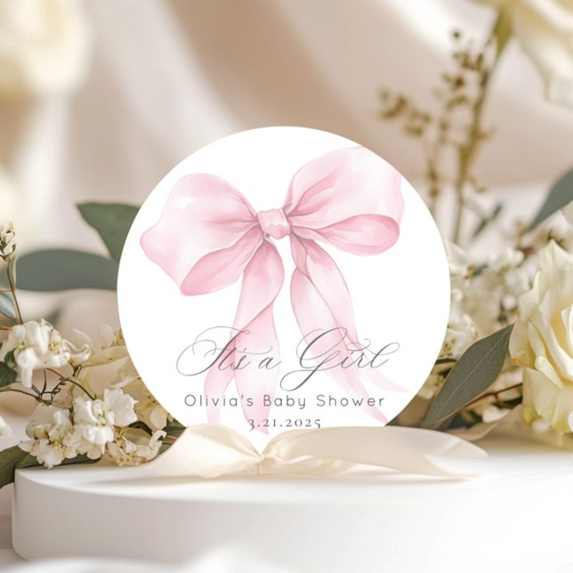 Sticker Rond Pink Bow aquarelle C'est un Baby shower fille (Créateur téléchargé)