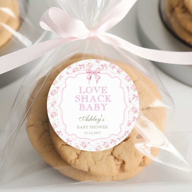 Sticker Rond Pink Bow Love Shack Girl Baby shower (Créateur téléchargé)