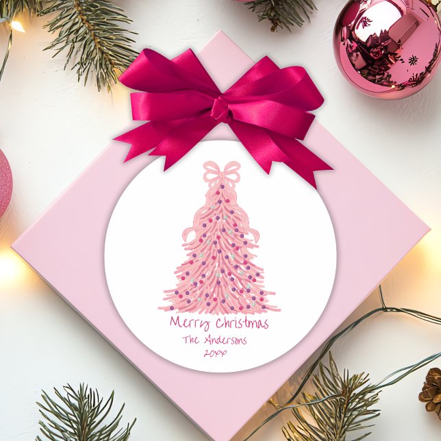 Sticker Rond Pink Bow Pink Christmas Tree (Créateur téléchargé)