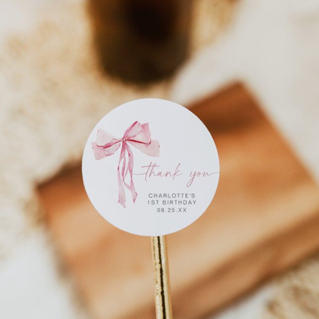 Sticker rond Pink Bow premier anniversaire ruban (Créateur téléchargé)