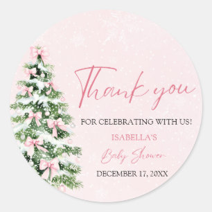 Sticker Rond Pink Bows Christmas Tree Girl Baby shower d'hiver