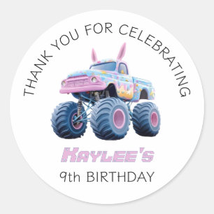 Sticker Rond Pink Bunny Monster Camion Girls Merci Anniversaire