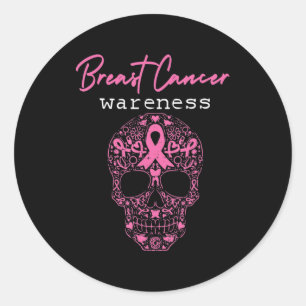 Sticker Rond Pink Butterfly Skull Breast Cancer Awareness Bonjo