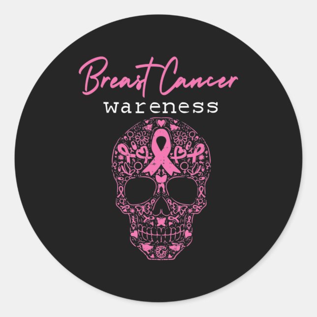 Sticker Rond Pink Butterfly Skull Breast Cancer Awareness Bonjo (Devant)