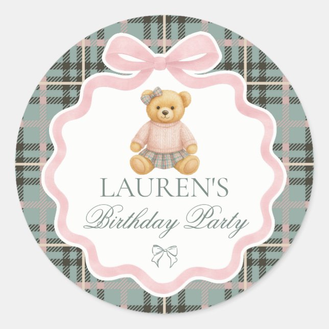 Sticker Rond Pink Coquette Bow Bear Birthday Envelope Seal (Devant)