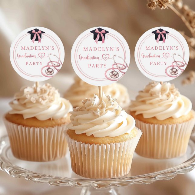 Sticker Rond Pink Coquette Graduation Infirmière Cupcake Topper (Créateur téléchargé)
