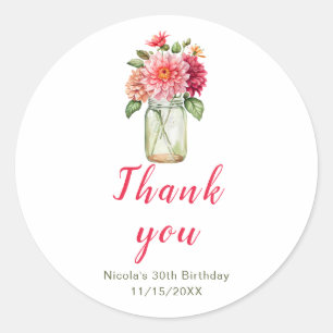 Sticker Rond Pink Dahlias Mason Jar fête d'anniversaire